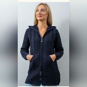 Aran Crafts Hooded Sweater with Celtic Knot Zipper 100% Merino Wool Size XS Navy